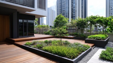 A contemporary garden featuring sleek architectural designs and vibrant plant life, nestled in a dynamic urban environment.