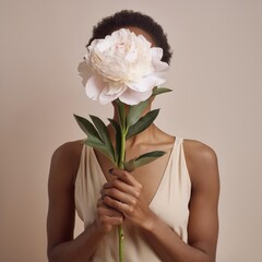 Minimalist Aesthetic. Woman with Peony, Face Obscured, Soft Neutral Tones, Modern Art, Contemporary Fashion