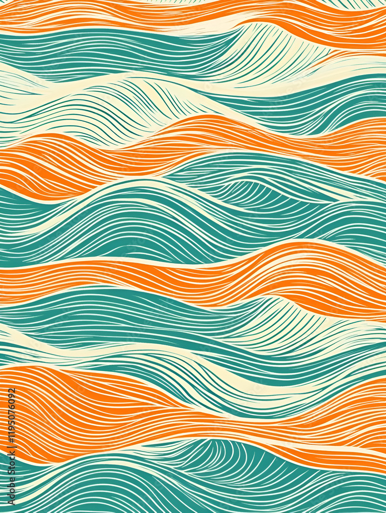Poster ocean waves abstract: teal and burnt orange waves create a mesmerizing abstract pattern, reminiscent