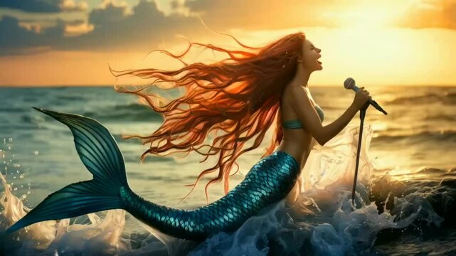 Mermaid with Long Flowing Hair Singing to the Ocean"