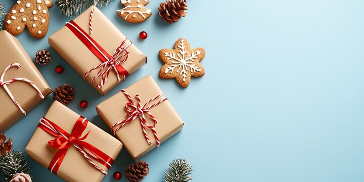 Christmas themed gift boxes and cookies on light blue background with pinecones and red ornaments creating a festive arrangement space on the right