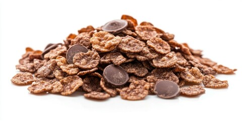 Naklejka premium Crispy brown chocolate corn flakes piled high on a white background with shiny chocolate rounds scattered throughout the heap for breakfast snacks