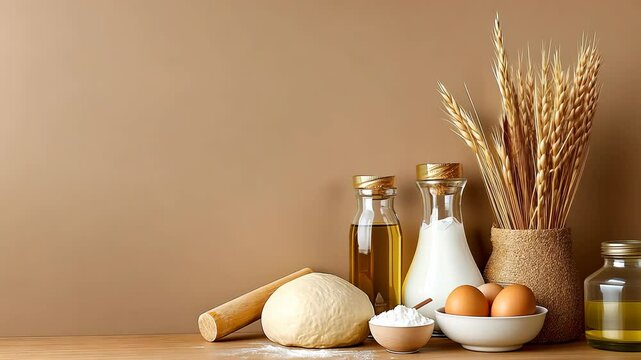 Ingredients for baking arranged neatly, featuring dough, eggs, flour, and oil, creating a warm, inviting kitchen atmosphere