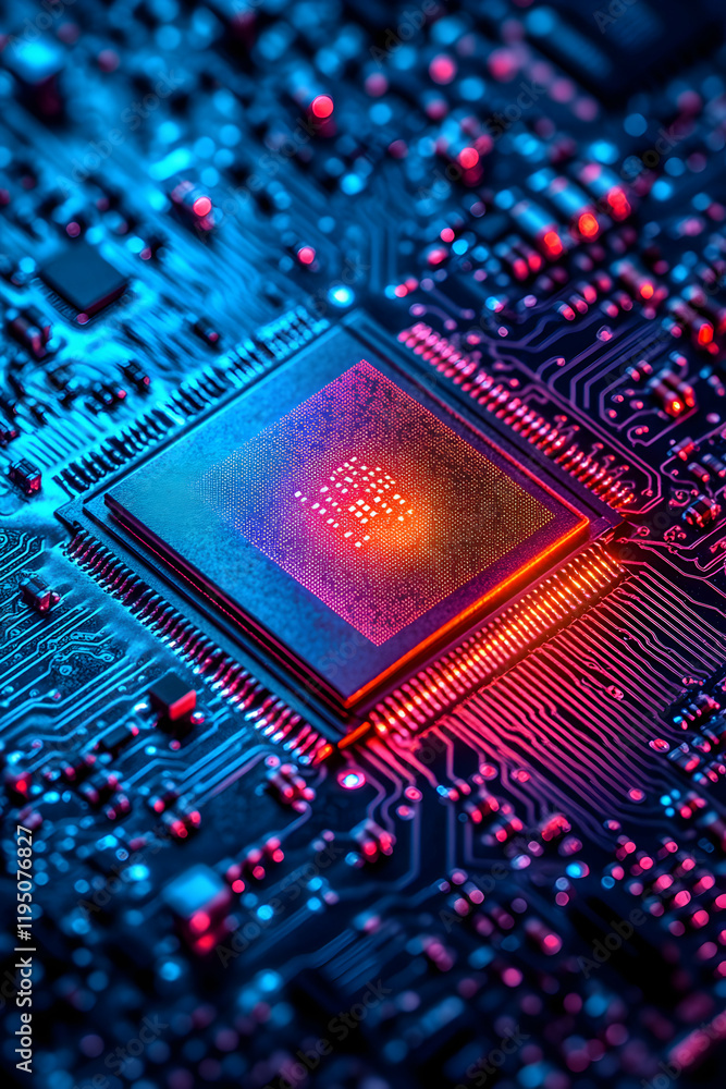 Poster close-up of a computer microchip on a circuit board, illuminated with vibrant red and blue light. hi