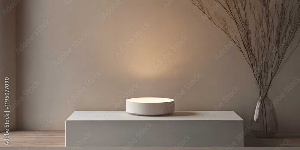 Poster minimalist product display: a circular product platform with soft, warm light, resting on a simple w