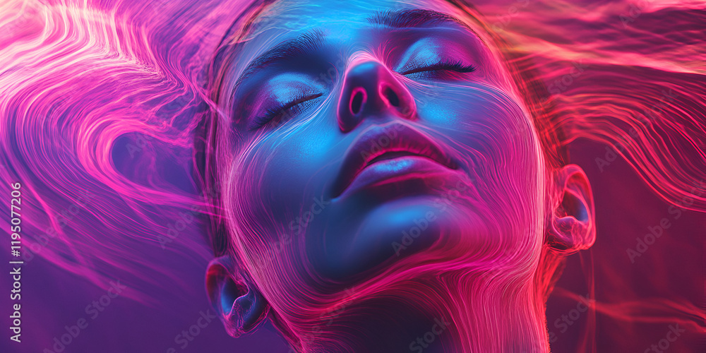 Poster neon dreams: a close-up portrait of a woman's face bathed in a captivating display of neon light, cr