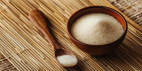 Close-up of a wooden bowl filled with white agar-agar powder beside a wooden spoon on a textured bamboo mat with blank space for text