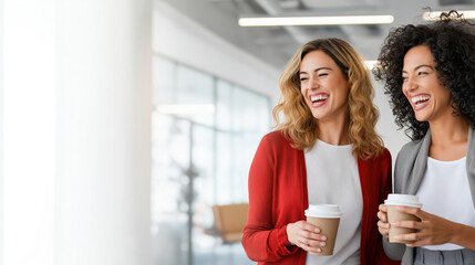 Two young caucasian women enjoying coffee and laughter in a bright modern office