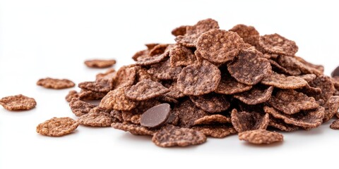 Obraz premium Brown chocolate corn flakes in a messy pile on a white background showcasing crispy texture with dark chocolate chips scattered throughout.