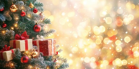 Obraz premium Christmas tree decorated with red and gold ornaments surrounded by beautifully wrapped gifts set against a warm golden bokeh background