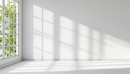 Fototapeta premium Sunlit room with large window and green foliage reflections on empty white walls