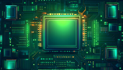 Fototapeta premium Abstract close-up of a circuit board with glowing green and orange components, ideal for technology, electronics, and digital concepts.