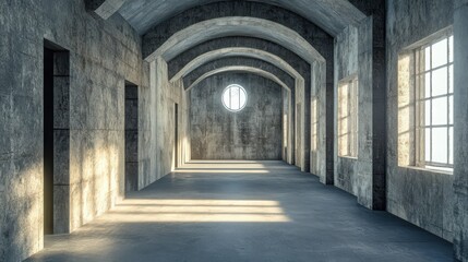 Architectural interior design of a hall with arches and sunlight coming through window