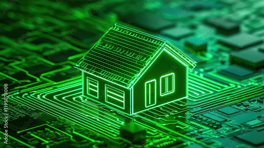 Poster a digital house icon glowing green, set against a backdrop of circuit patterns, symbolizing technolo