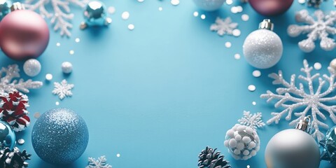Festive arrangement of pink blue silver and white Christmas balls and snowflakes on a blue background with ample copy space for text