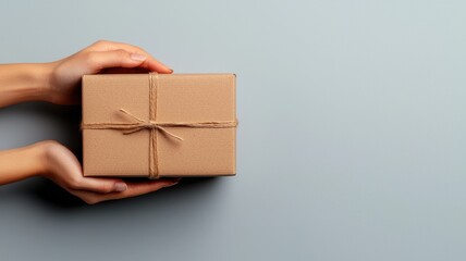 Hands Carefully Holding a Small Eco Friendly Kraft Paper Gift Box Tied with Jute Twine