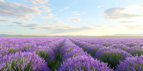 Fototapeta premium Lavender Field with Distant Mountains and Cloudy Sky