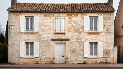 Fototapeta premium Charming rustic stone facade of a vintage french townhouse, architectural detail, old world charm