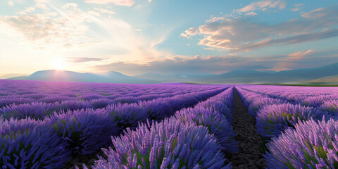 Fototapeta premium Lavender Field at Sunset with Mountain Background