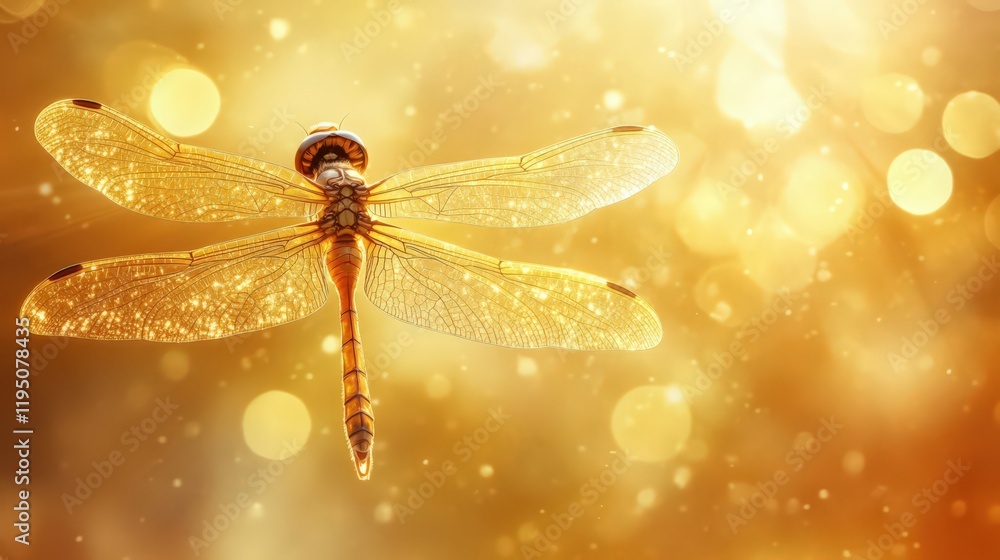 Poster golden dragonfly in soft focus with glowing bokeh background and transparent wings