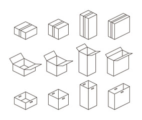 A set of line illustrations in square and rectangular shapes including boxes, packages, parcels, gifts, storage boxes, etc.