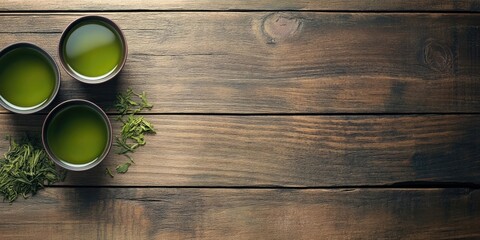 Japanese green tea in three dark cups on a rustic wooden table with fresh leaves scattered nearby and ample negative space for text.