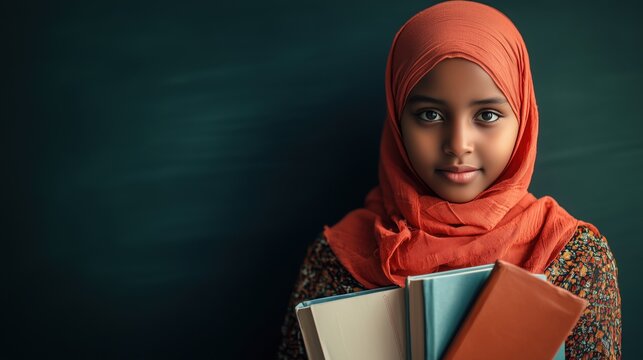 Determined somali female student with books, posing against a clean blackboard in a classroom setting