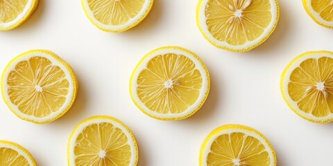 Lemon slices arranged in a square pattern on a white tabletop creating a refreshing frame with ample copyspace for beverage ingredient presentation