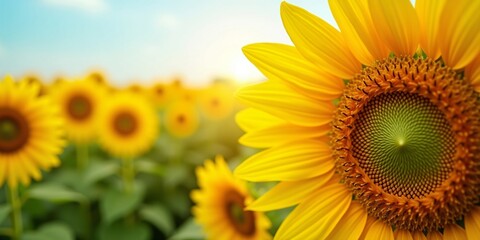 Fototapeta premium Vibrant Sunflower Field in Full Bloom Under a Bright Blue Sky