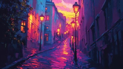 A vibrant street at dusk with the light reflecting on the cobblestone road between buildings