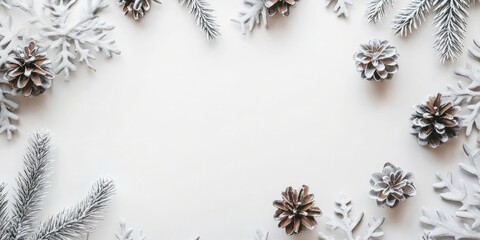 Christmas flat lay with blank paper centerpiece surrounded by frosted pinecones and green foliage on a soft white background creating a serene ambiance