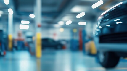Fototapeta premium Blurred background of a busy auto repair workshop: soft focus mechanic service center image