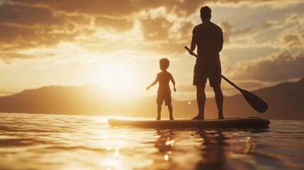Happy asian father and son enjoying a paddle boarding adventure at sunset, golden hour light