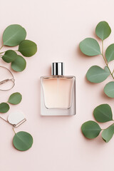 Perfume minimal style, A high-resolution image featuring a flat lay of a simple glass perfume bottle, showcasing fine details and aesthetics for marketing and design use.