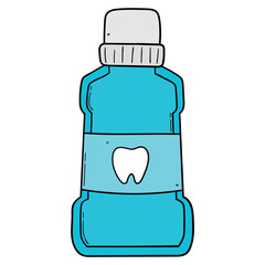 Hand drawn cartoon blue mouthwash bottle on white background.