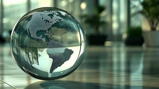 World map in glass sphere. Earth, ball, world, glass floor, travel, continents, land. Continents and continents travel on the floor. A ball of glass travels through the earth and world. Lifestyle.