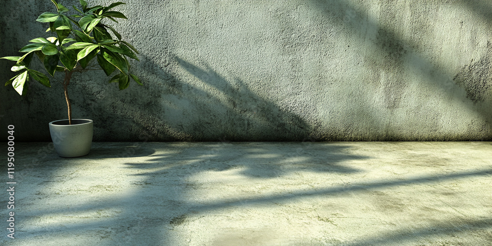 Poster minimalist greenery and light: a single potted plant casts elongated shadows on a concrete floor, ba