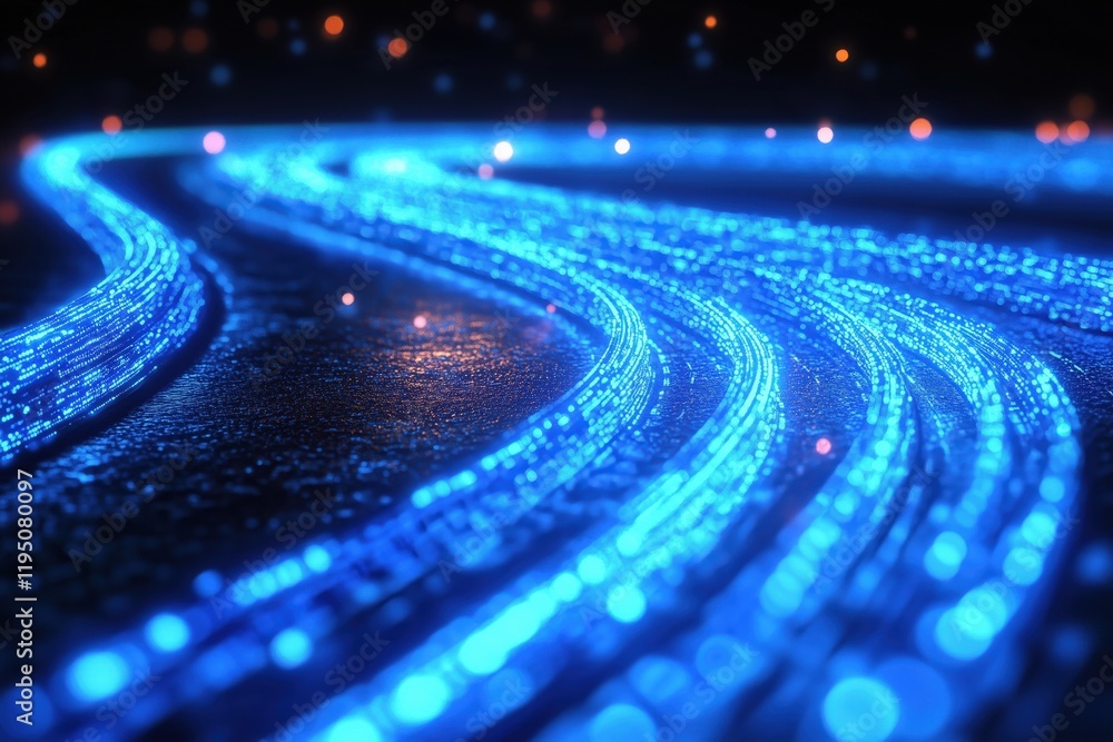 Poster abstract highway of digital data: blue light trails representing high-speed data transfer and digiti