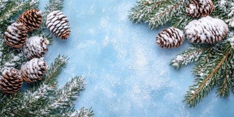 Snow-covered fir tree branches and pine cones arranged on a textured blue background with ample blank space for holiday-themed text options.