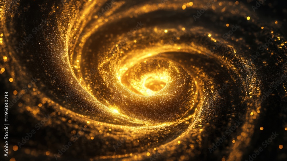 Poster golden vortex of sparkling particles in a swirling pattern abstract design