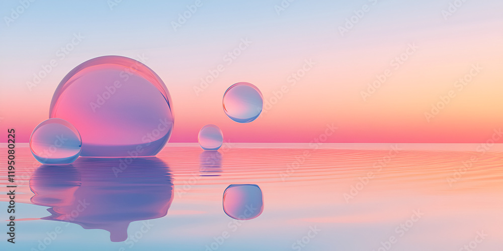 Poster spheres of serenity: a serene abstract backdrop featuring three translucent spheres floating on a tr