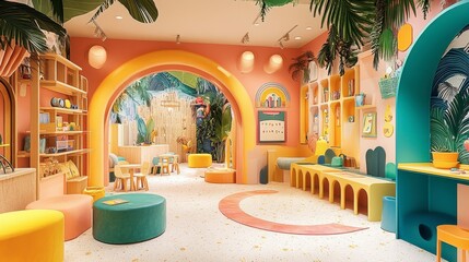 Fototapeta premium A dynamic and colorful classroom with interactive learning centers, playful decor, and a cozy area for group activities.
