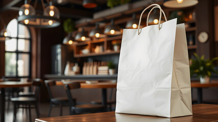 Paper shopping bag mockup on cozy restourant background with copyspace. Take-away concept	