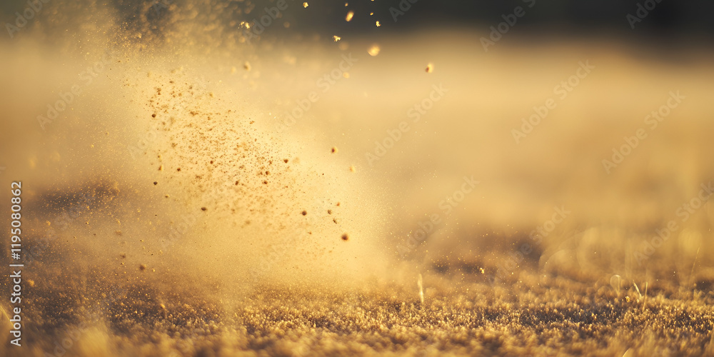 Poster golden dust explosion: a dramatic close-up of sand exploding into the air, illuminated by the warm g