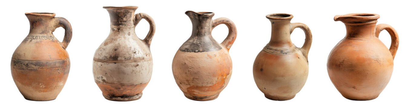 Set of clay and ceramic antique vases, collection of interior decor items, terracotta jug, beige and brown pots