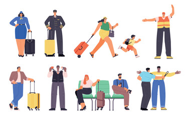 Cartoon airport staff characters. Funny employees and passengers, flight attendants and pilots in uniform, people with luggage, vector set