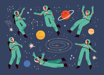Cartoon astronauts floating in zero gravity. People in spacesuits flying in space, funny cosmos explorers, stars and planets, vector set
