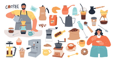 Cartoon barista characters. Coffee house elements, brewing tools, accessories, hot strong drink, cappuccino americano espresso, vector set