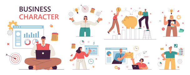 Cartoon business people with interactive charts. Office workers characters, organization, ordering and planning, successful team, vector set