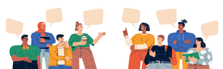 Cartoon debaters. Young people groups confrontation, opposition teams, antagonists disputes, students opponent communication, vector concept.